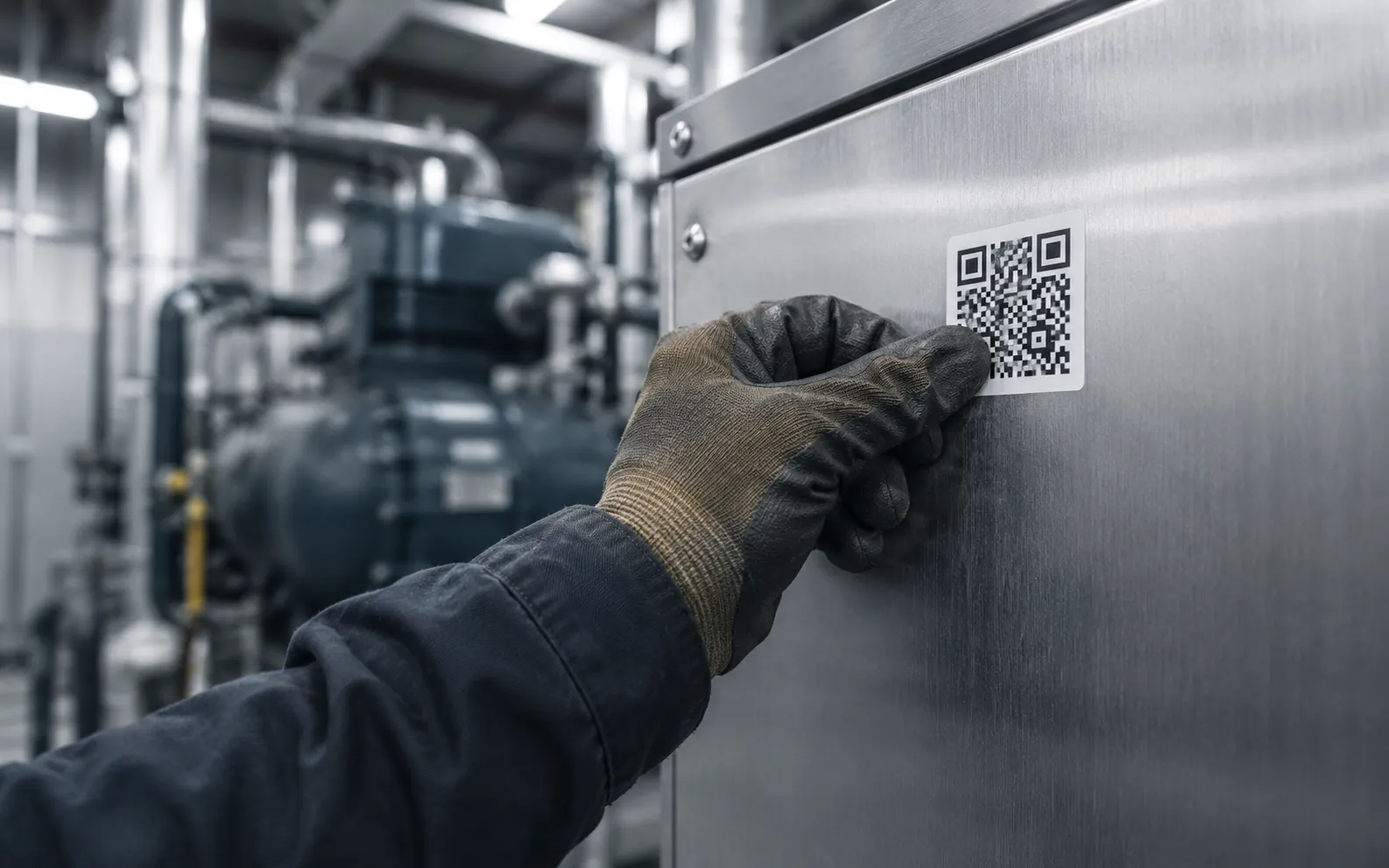 Technikas klijuoja QR lipduką ant pramoninio šaldymo agregato